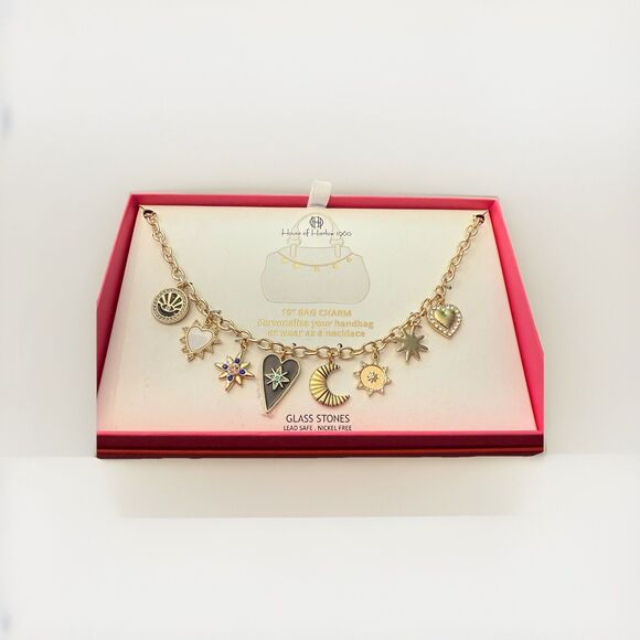 House Of Harlow 19” Bag Charm Gold tone Moon Stars Hearts Glass Stones New - Picture 1 of 7